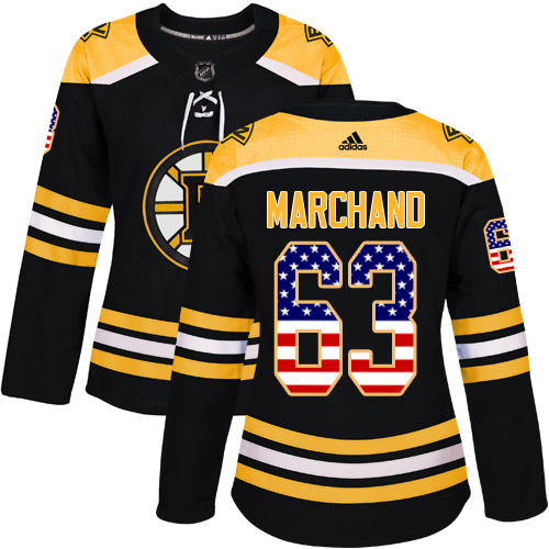 Adidas Bruins #63 Brad Marchand Black Home Authentic USA Flag Women's Stitched NHL Jersey - Click Image to Close